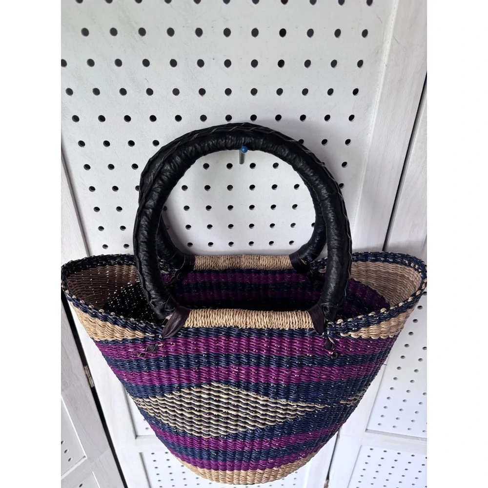 African Bolga MARKET BASKET Woven Straw Tote W/ Leather Handles U Shape